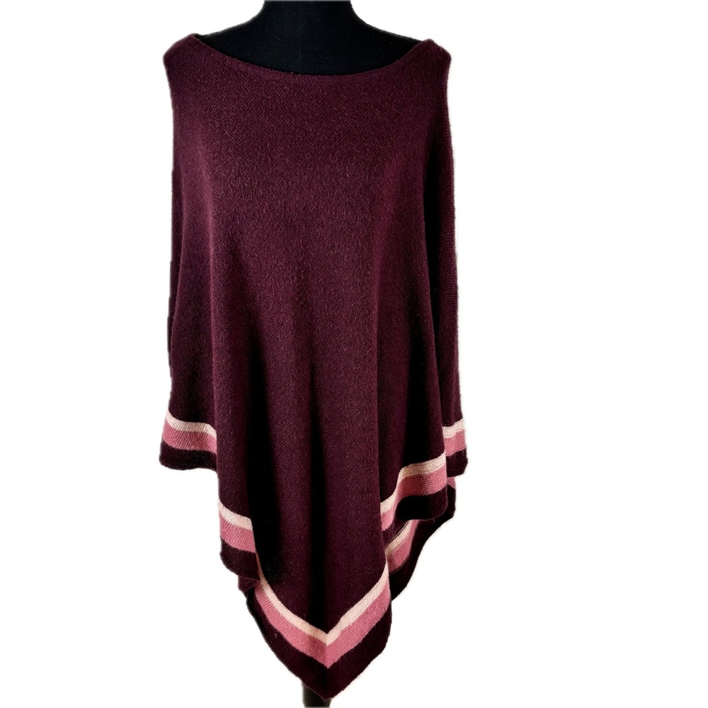 Lane Bryant Womens Burgundy Striped Asymmetrical Knit Wool Blend Poncho Cape